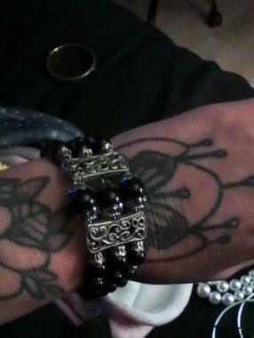 Black Beaded Stretch Bracelet with Silver Filigree Accents